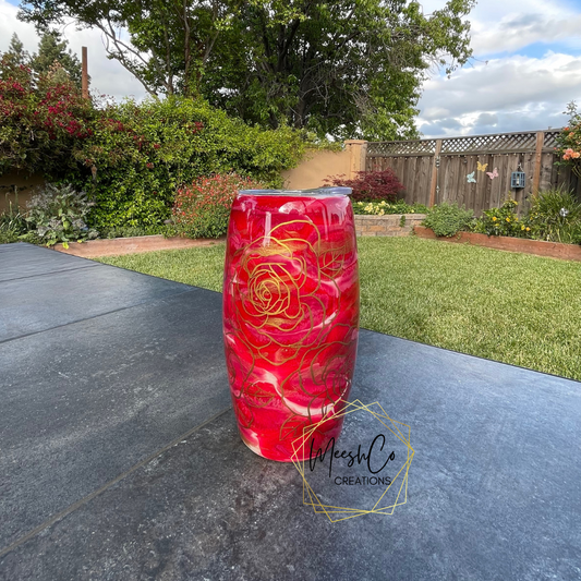 25oz Barrel Shaped Gold Rose Line Art and Alcohol Ink Tumbler - Ready to Ship