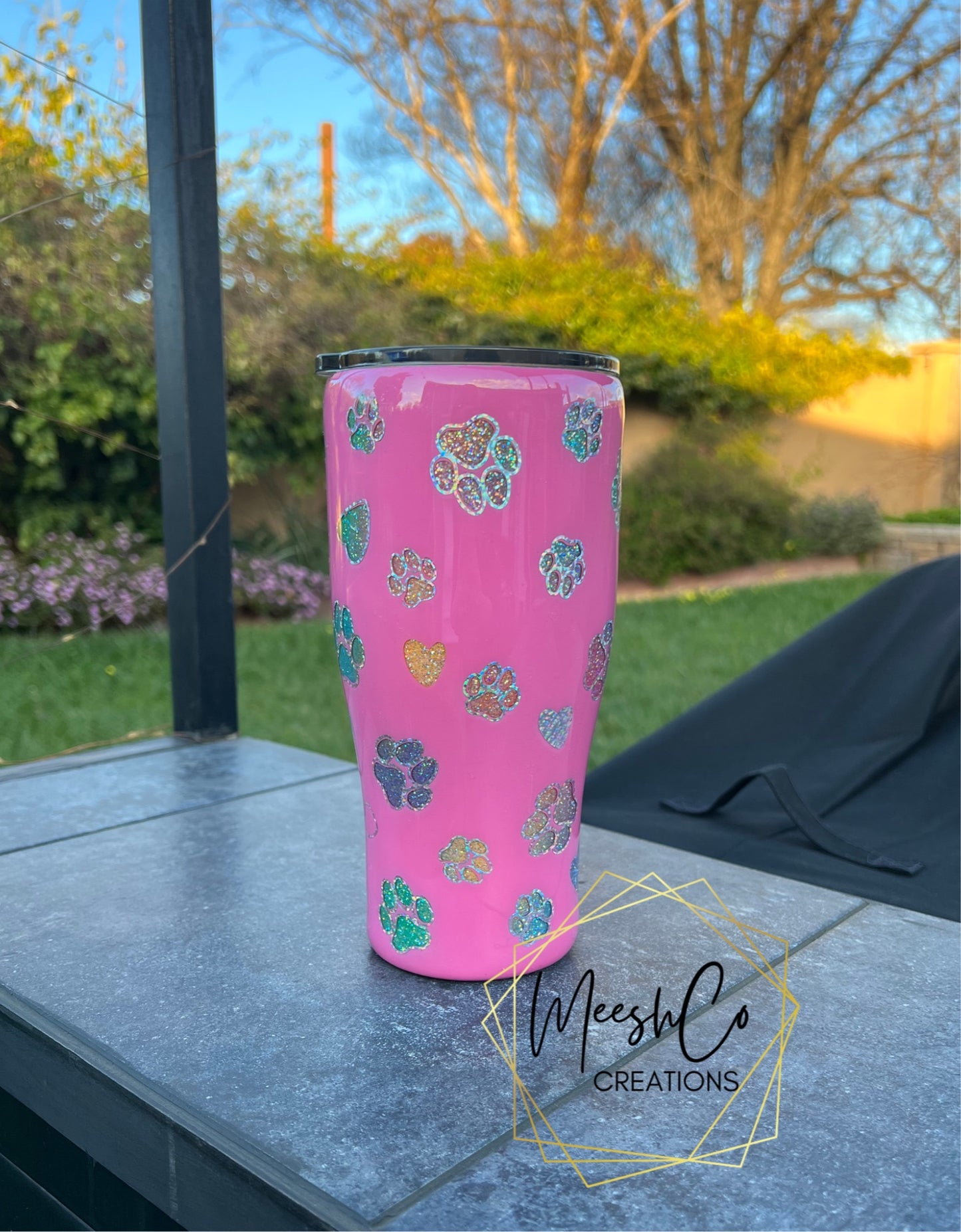 Pink and Rainbow Peakaboo Paws 24 oz. Glitter Tumbler