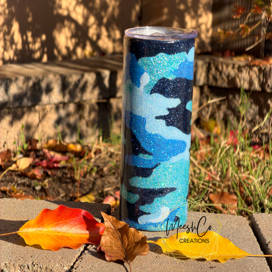 Blue Camoflage 20oz Glitter Tumbler - Ready to Personalize or Ship