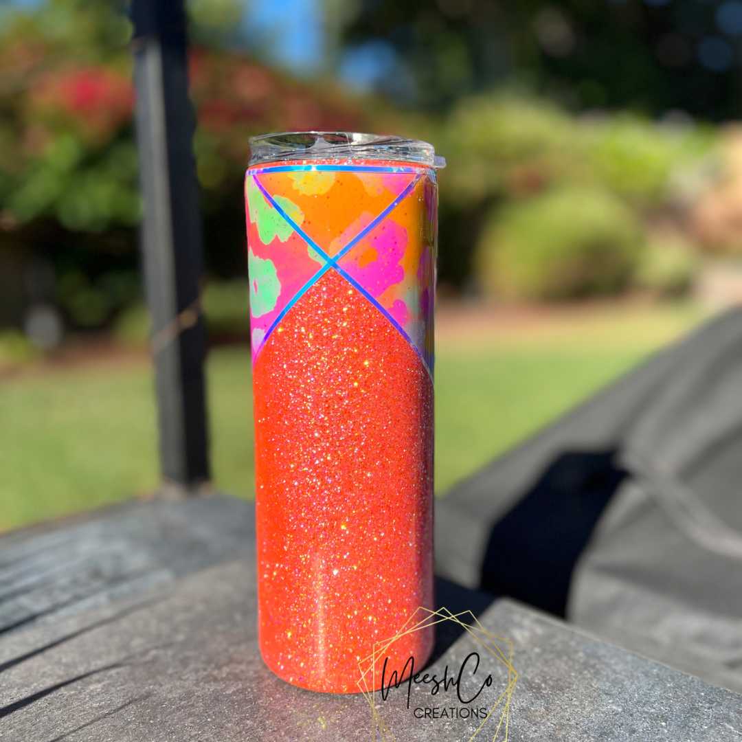 Lisa Frank Inspired Leopard Print with Peachy-Orange  Glitter Tumbler Cup