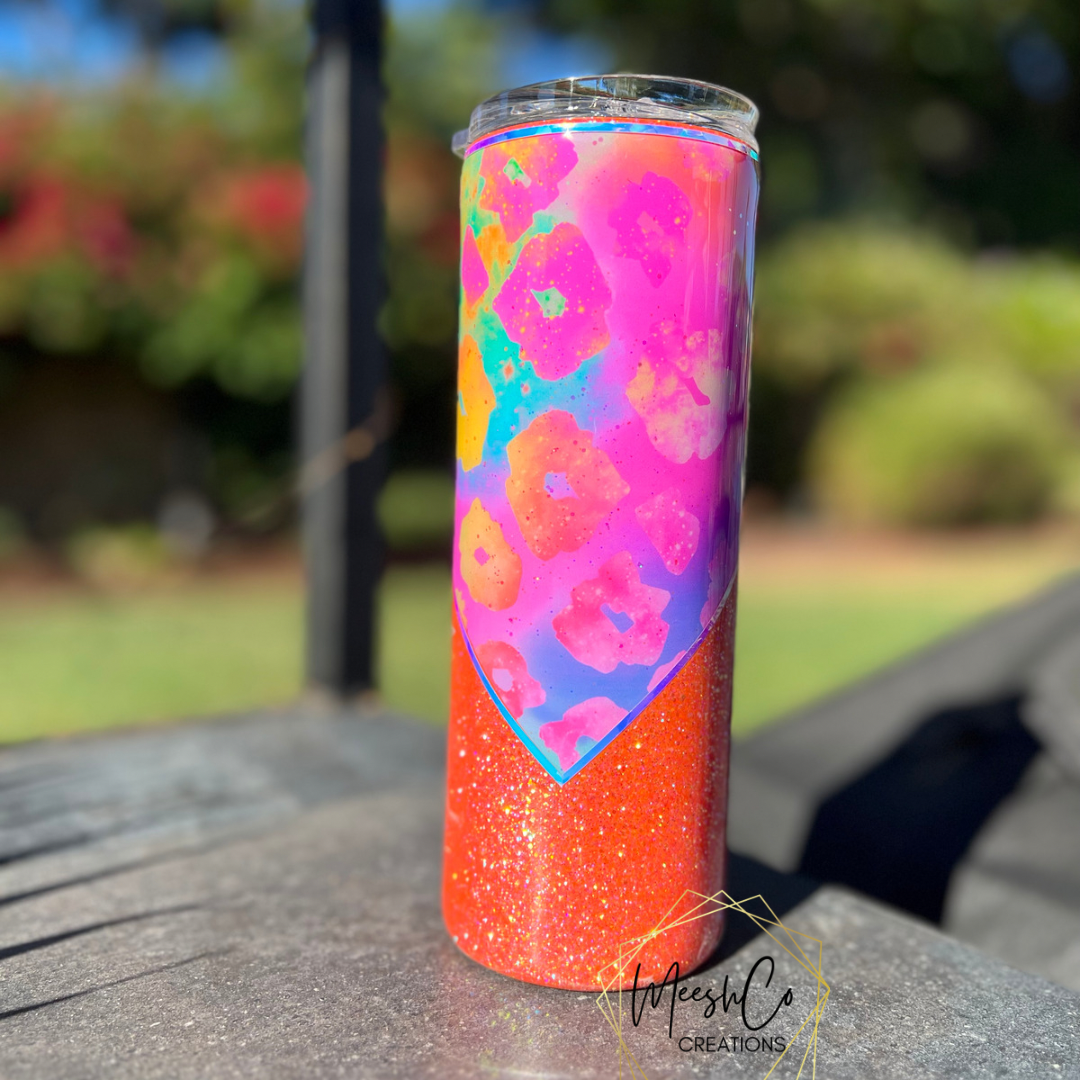 Lisa Frank Inspired Leopard Print with Peachy-Orange  Glitter Tumbler Cup
