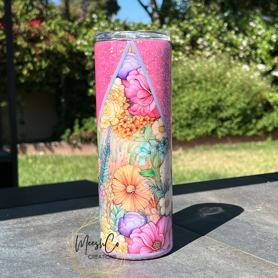 Pink Floral 20 oz. Glitter Tumbler - Ready to Personalize or Ship