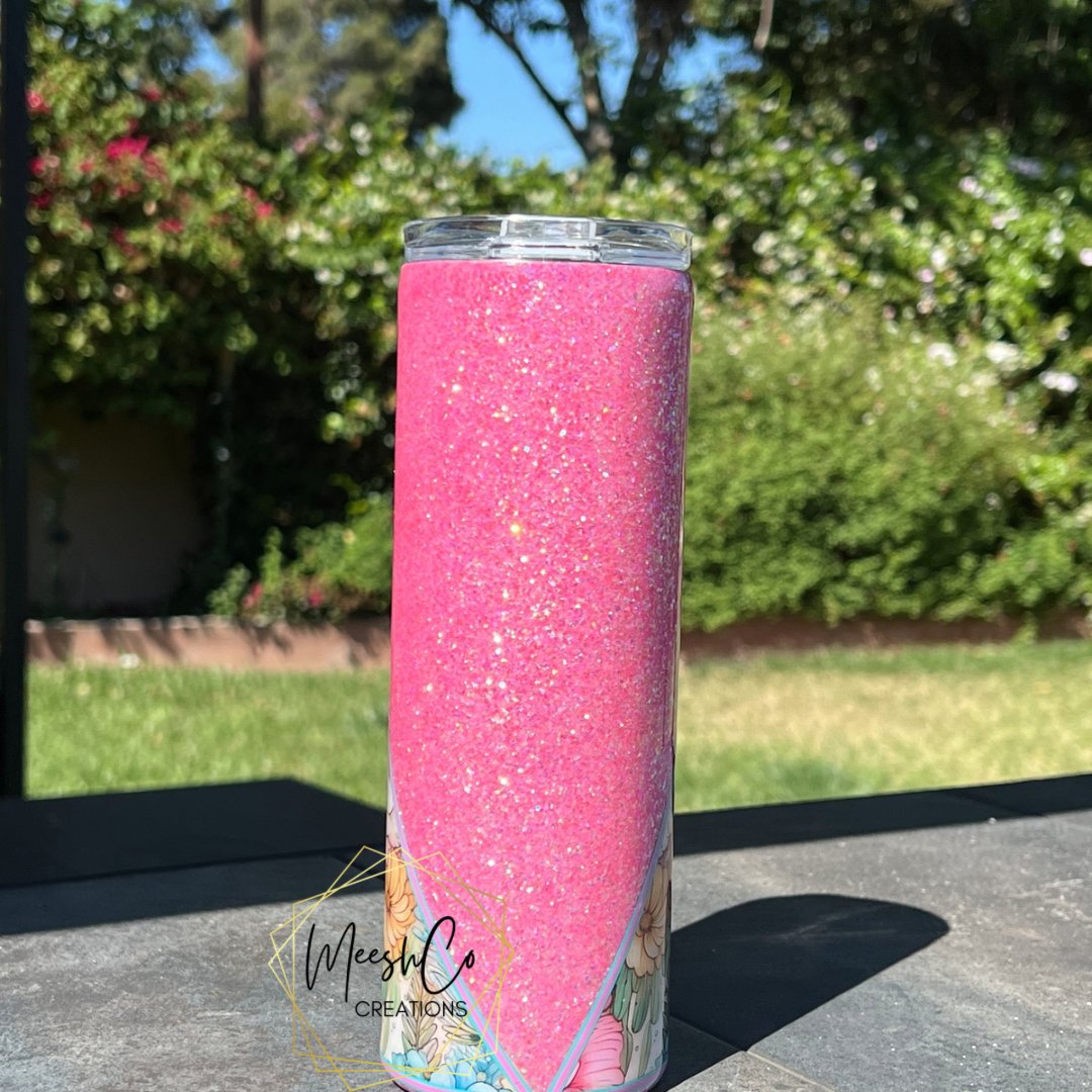 Pink Floral 20 oz. Glitter Tumbler - Ready to Personalize or Ship