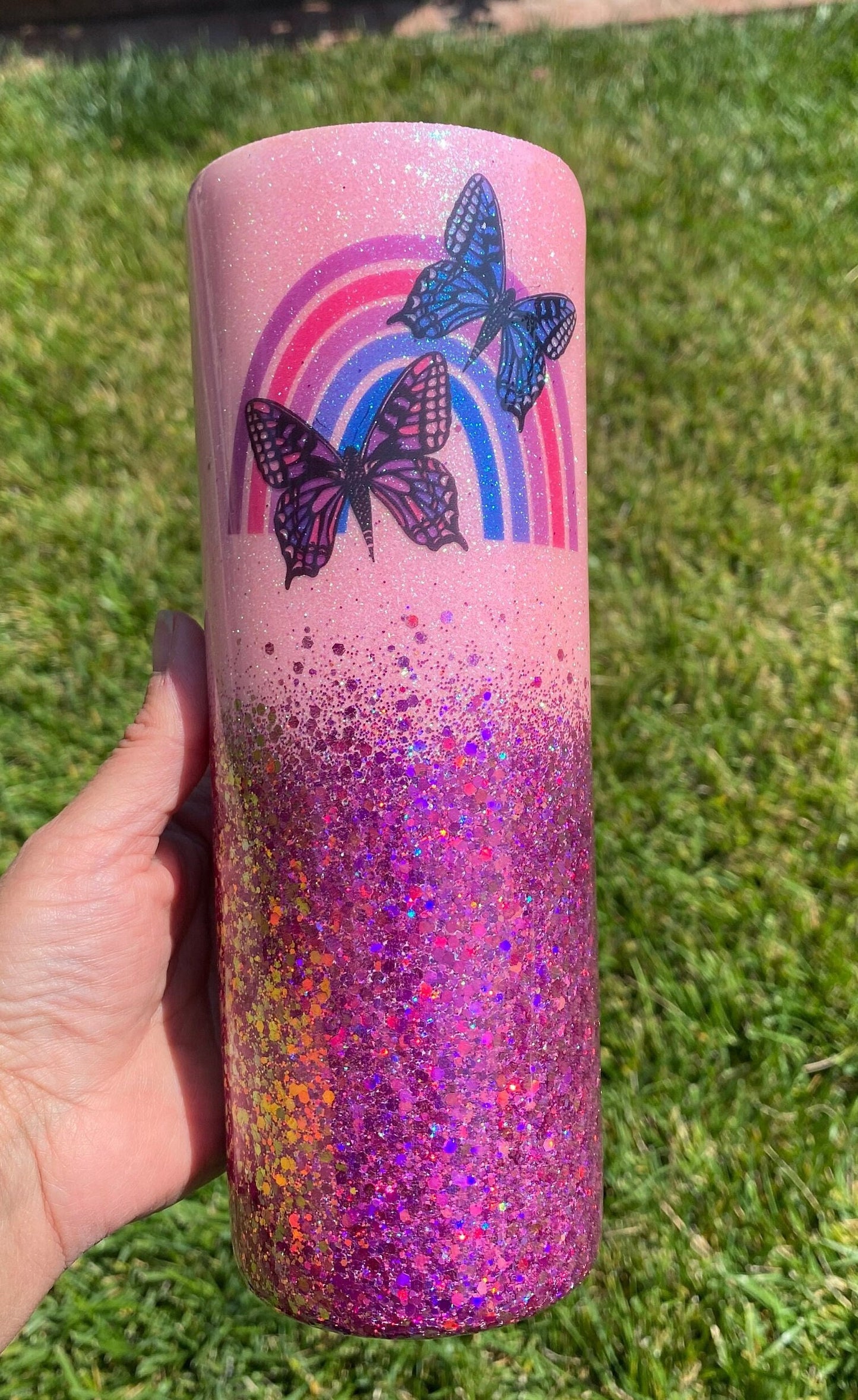Rainbow and Butterfly Glitter Tumbler